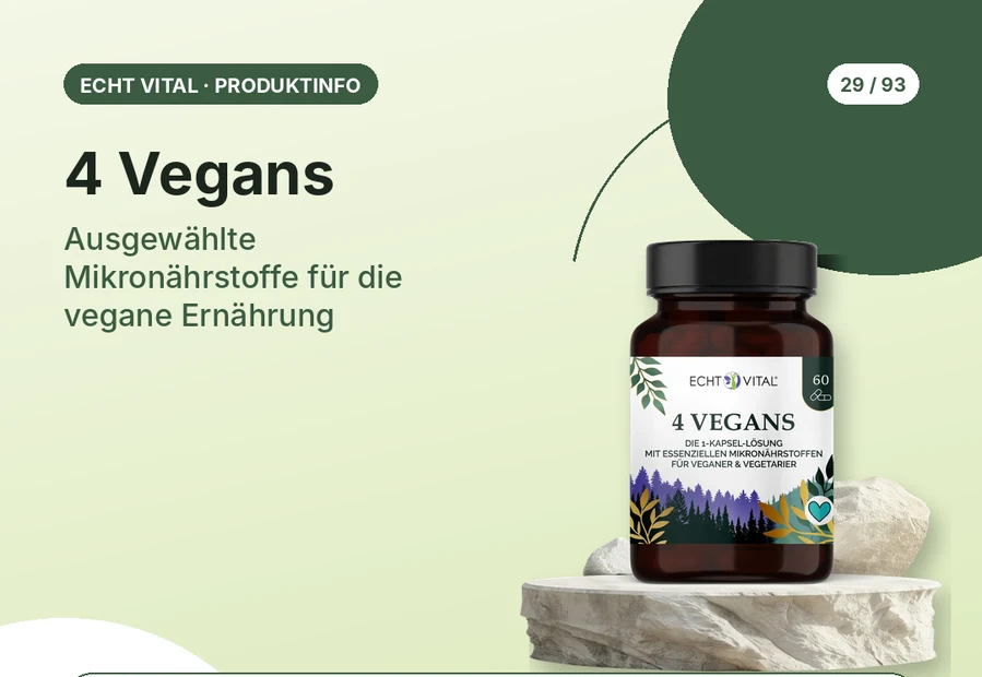 4 Vegans von Echt Vital mit Produktabbildung und Affiliate-QR-Code
