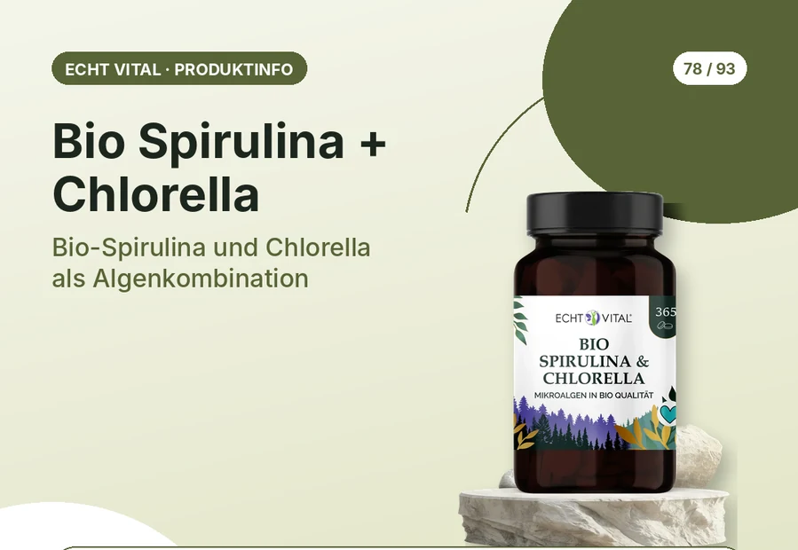 Bio Spirulina + Chlorella von Echt Vital mit Produktabbildung und Affiliate-QR-Code