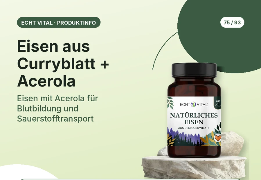 Eisen aus Curryblatt + Acerola von Echt Vital mit Produktabbildung und Affiliate-QR-Code