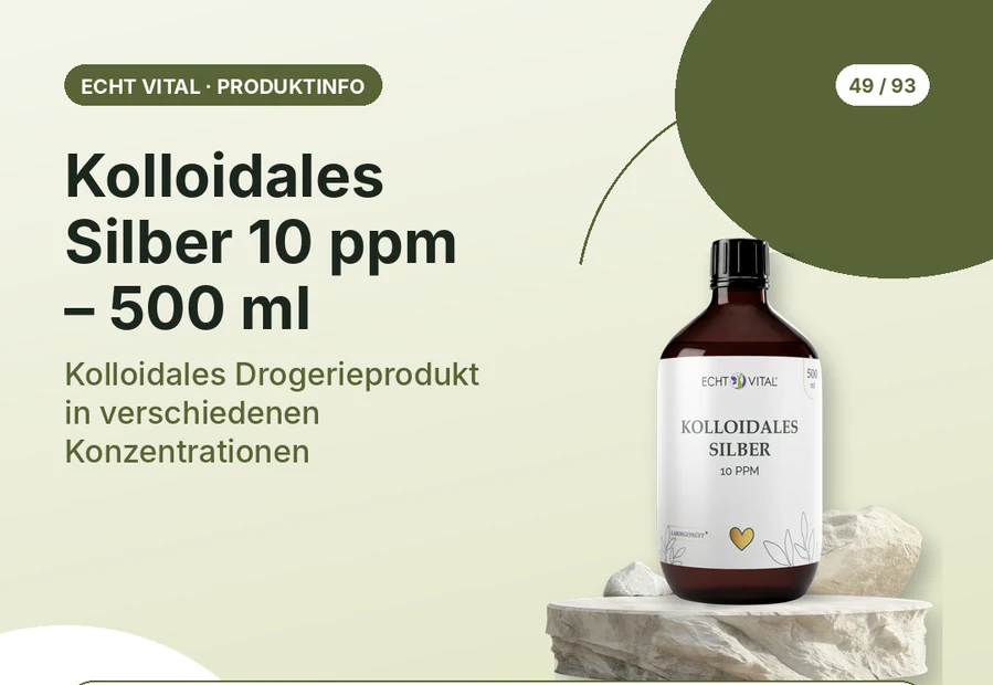 Kolloidales Silber 10 ppm – 500 ml von Echt Vital mit Produktabbildung und Affiliate-QR-Code
