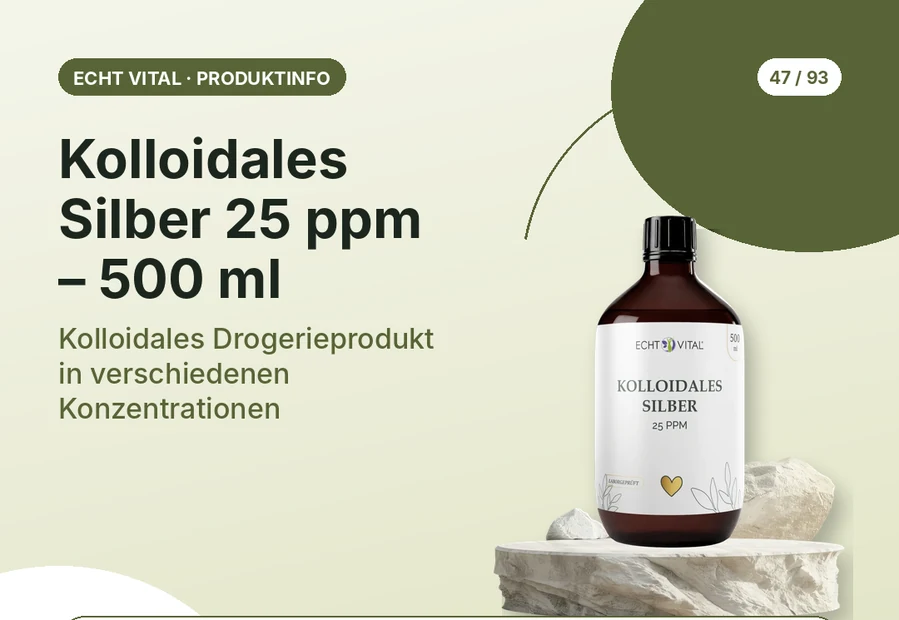 Kolloidales Silber 25 ppm – 500 ml von Echt Vital mit Produktabbildung und Affiliate-QR-Code