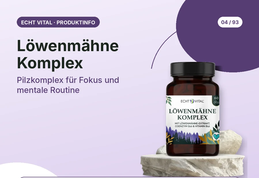 Löwenmähne Komplex von Echt Vital mit Produktabbildung und Affiliate-QR-Code