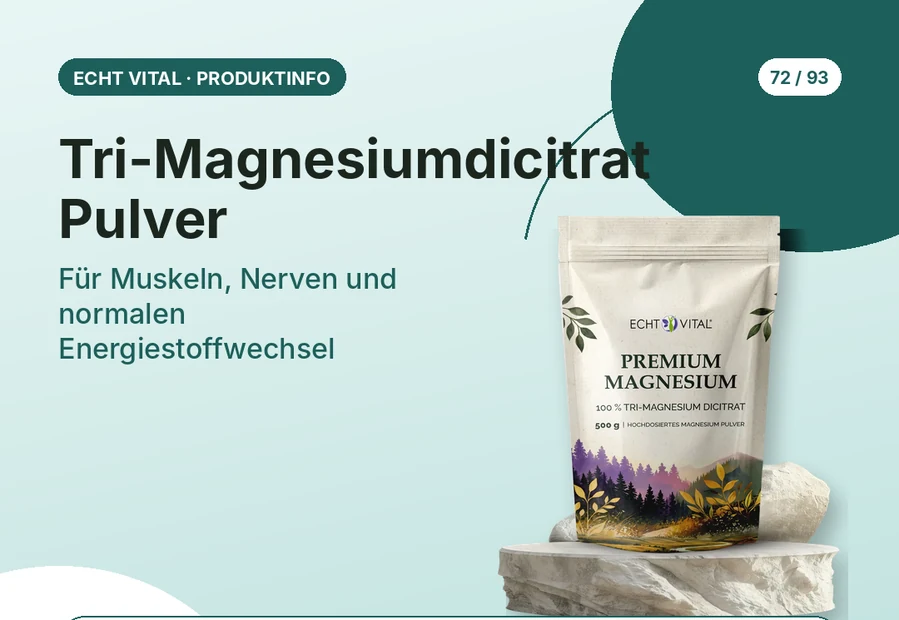 Tri-Magnesiumdicitrat Pulver von Echt Vital mit Produktabbildung und Affiliate-QR-Code