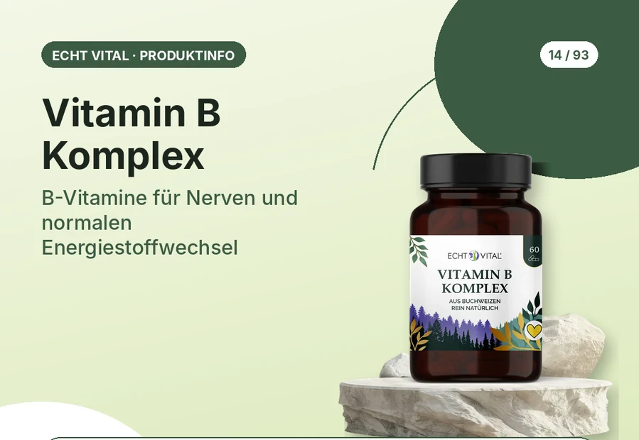 Vitamin B Komplex von Echt Vital mit Produktabbildung und Affiliate-QR-Code