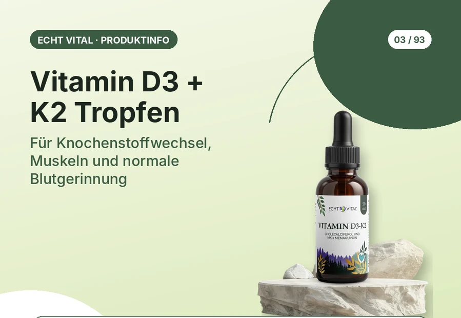 Vitamin D3 + K2 Tropfen von Echt Vital mit Produktabbildung und Affiliate-QR-Code