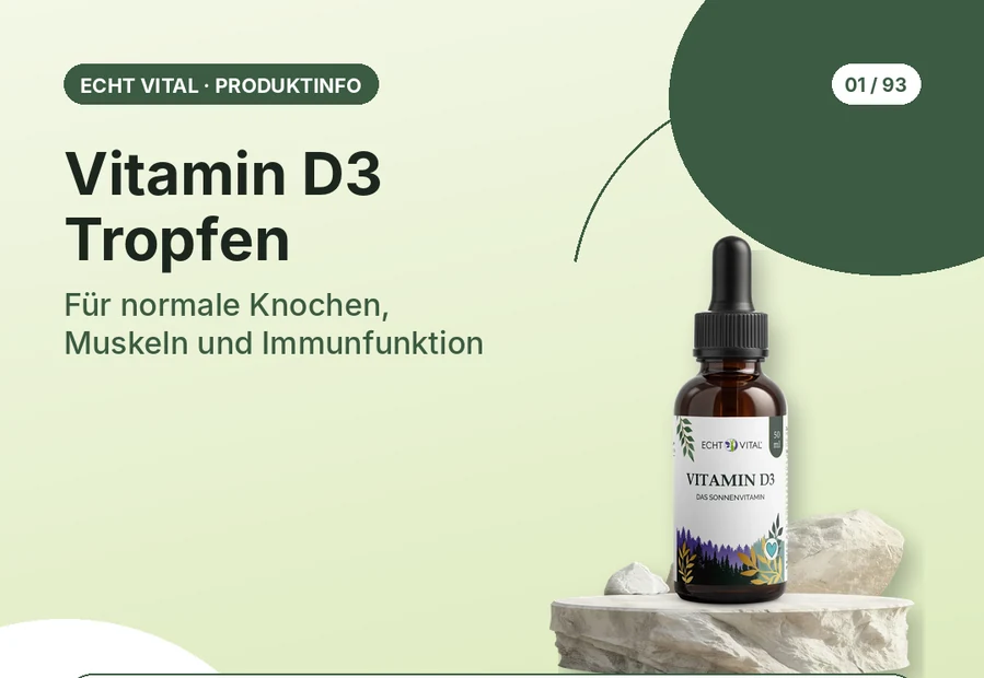 Vitamin D3 Tropfen von Echt Vital mit Produktabbildung und Affiliate-QR-Code