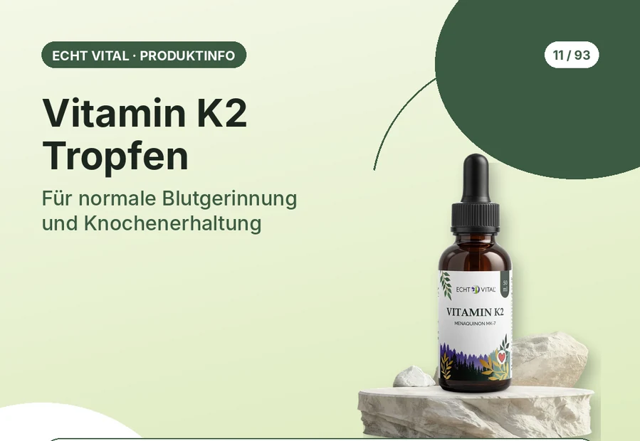 Vitamin K2 Tropfen von Echt Vital mit Produktabbildung und Affiliate-QR-Code