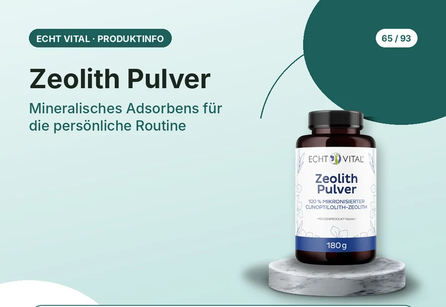 Zeolith Pulver von Echt Vital mit Produktabbildung und Affiliate-QR-Code