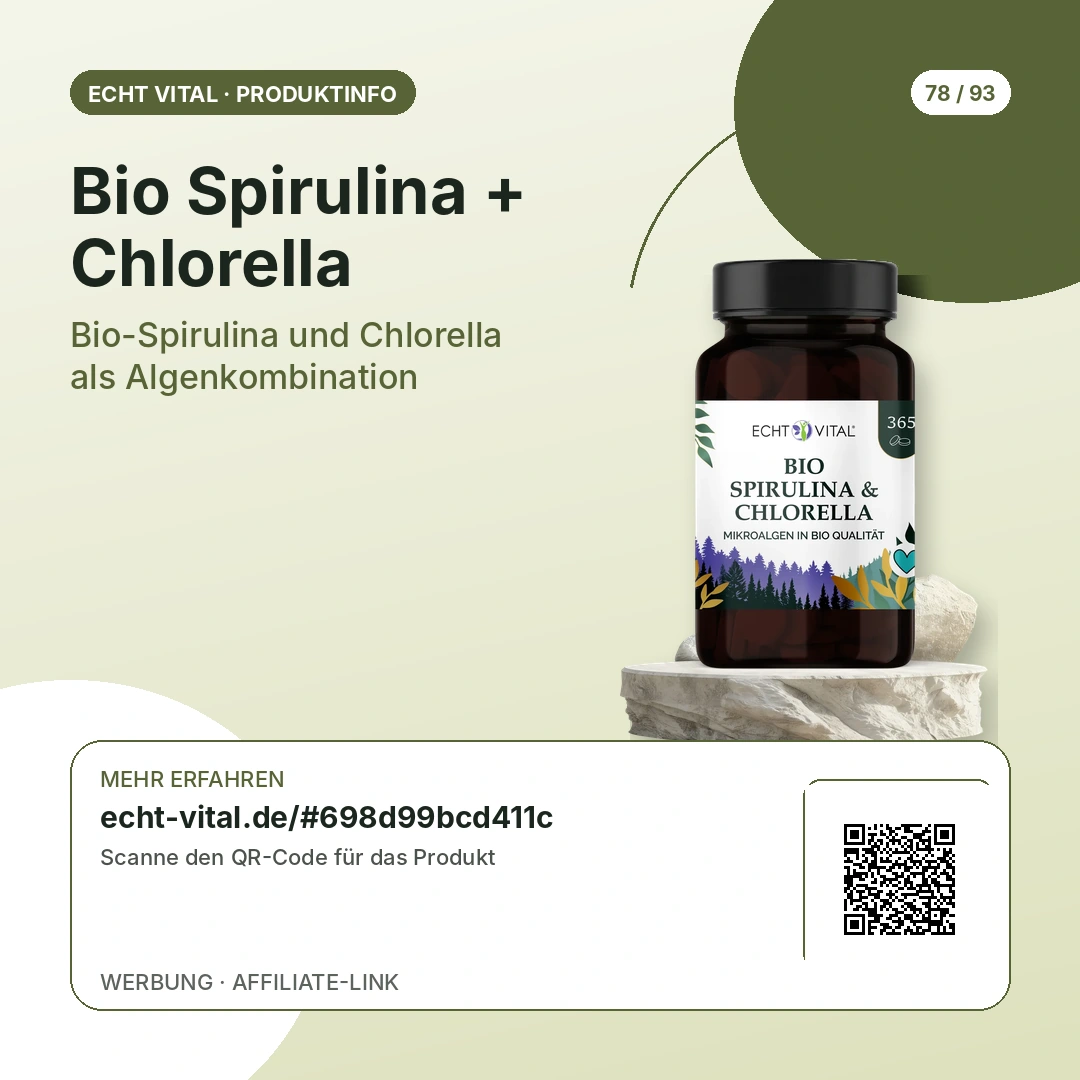 Bio Spirulina + Chlorella als Produkt mit QR-Code zur Produktseite