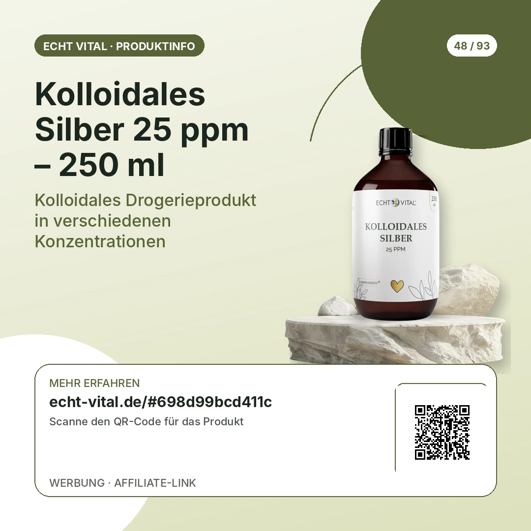 Kolloidales Silber 25 ppm – 250 ml Sicherheitshinweise und QR-Code zum Anbieter