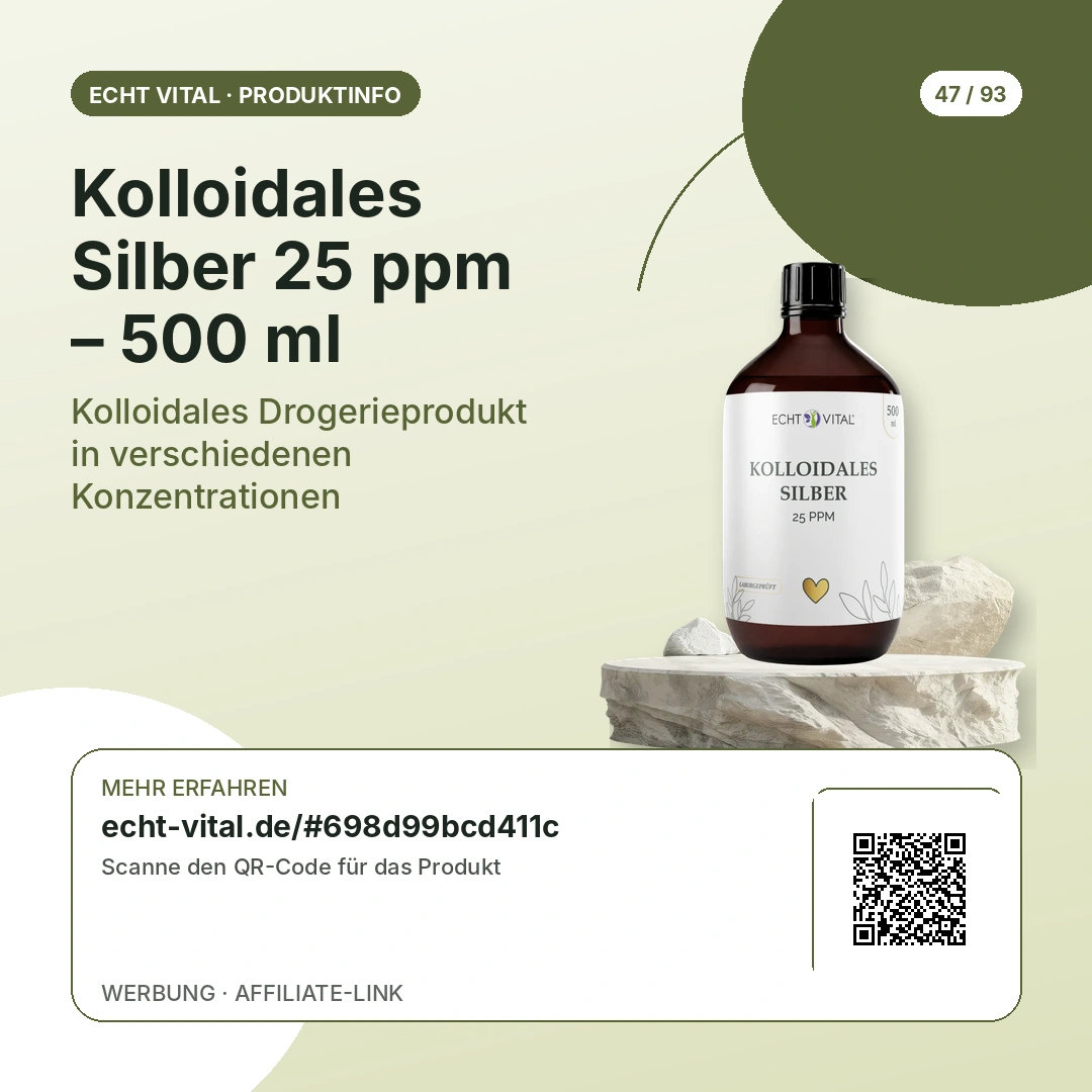 Kolloidales Silber 25 ppm – 500 ml Sicherheitshinweise und QR-Code zum Anbieter